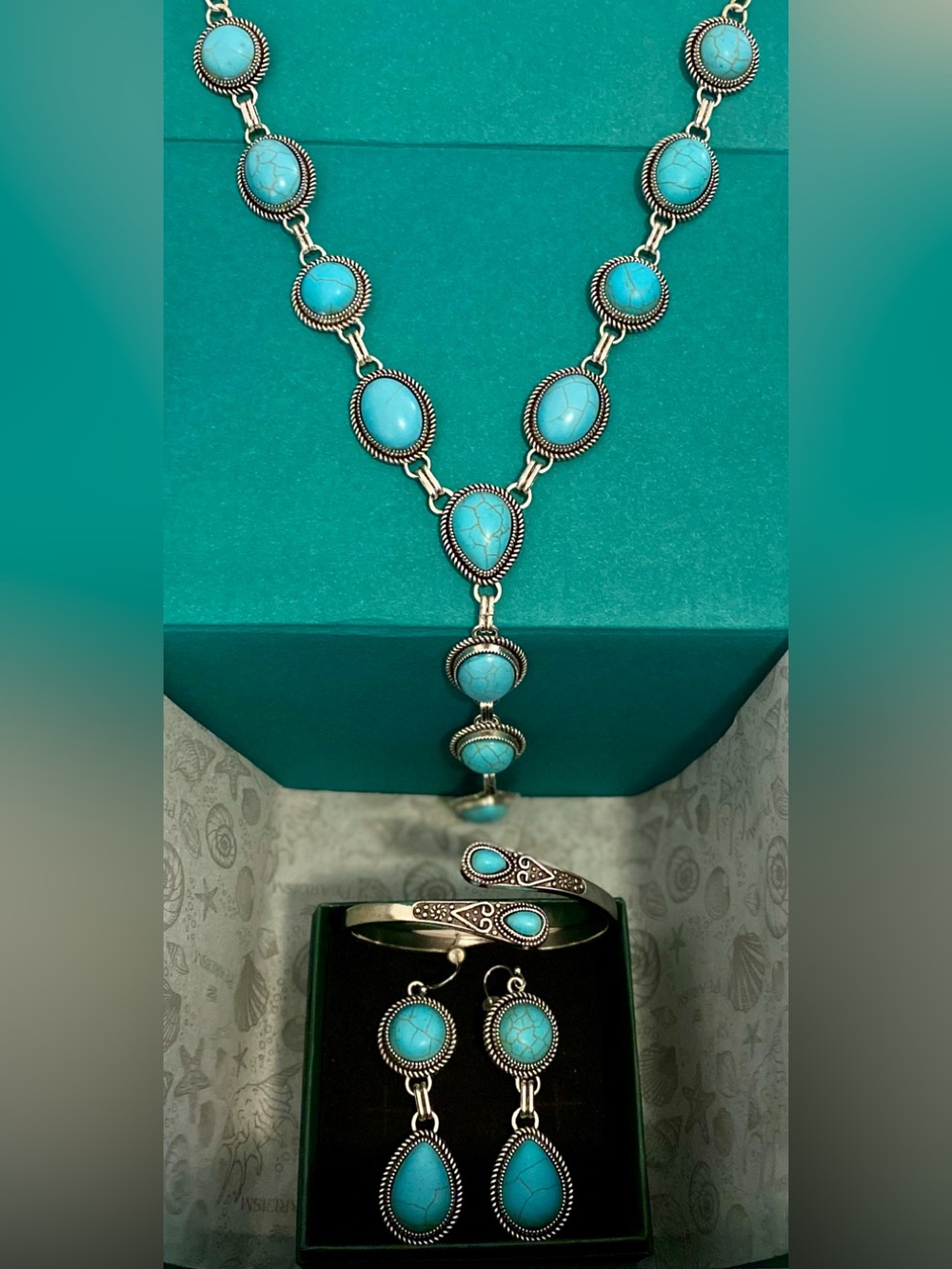 Turquoise Stone Silver-Tone Necklace, Bracelet & Earring Set
